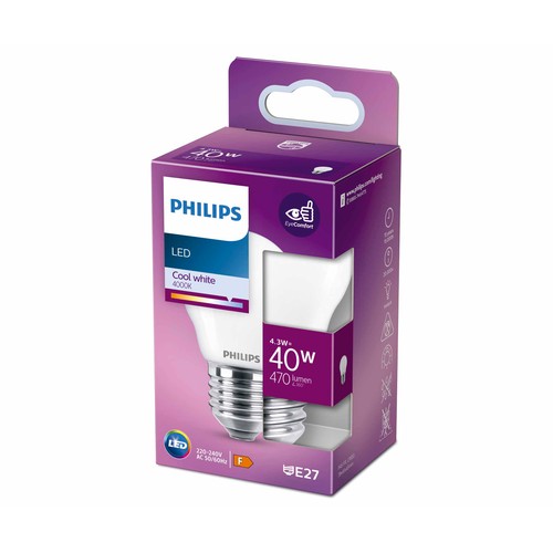 Bombilla Led E27, 4,3W=40W, luz neutra 4000K, 470lm, PHILIPS.