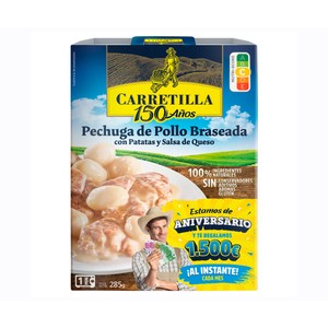 Pechuga de pollo braseada con patatas y salsa de queso 285 g.