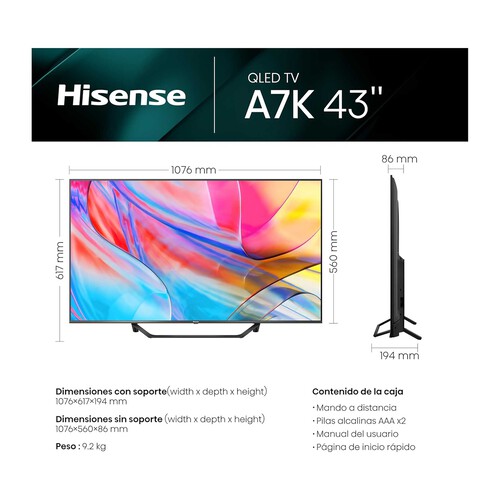 Televisión 109,2cm (43) QLED HISENSE 43E7KQ, Ultra HD 4K, Smart TV, TDT HD, WIFI, Bluetooth, USB, 3xHDMI, HDR10+.