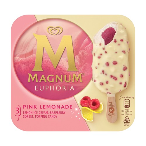 MAGNUM Euphoria de Frigo Bombón helado de limón, frambuesa y chocolate blanco 3 x 90 ml.