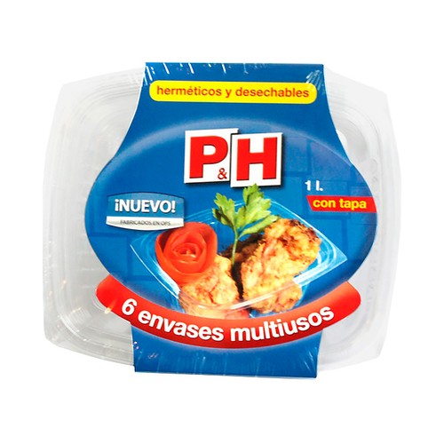 Pack de 6 envases de plástico con tapa de 1l, P&H