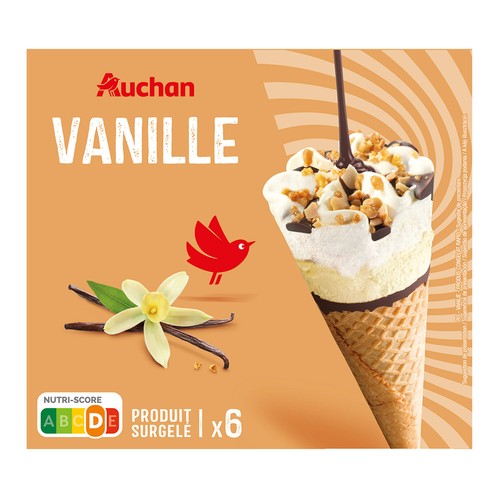 AUCHAN Conos de helado de vainilla con salsa de chocolate 6 x 120 ml. Producto Alcampo