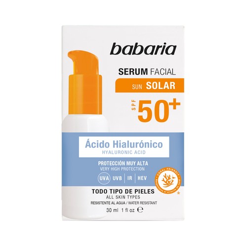 BABARIA Sérum protector solar hidratante, con ácido Hialurónico y FPS 50+ 30 ml.