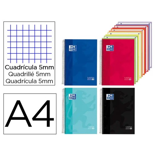 Cuaderno A4 Cuadrícula 5x5 Europeanbook 150 hojas tapa extradura, 5 bolsas separadoras, modelos surtidos. OXFORD