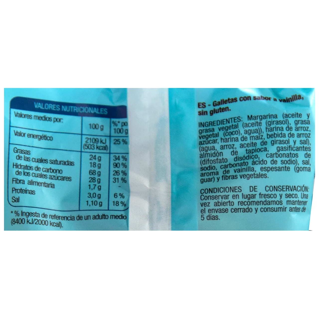 PRODUCTO ALCAMPO Cookies (galletas) con sabor a vainilla, elaboradas sin gluten ni lactosa 150 g.