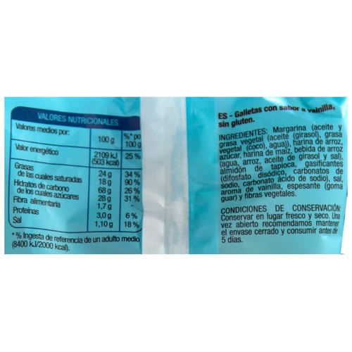 PRODUCTO ALCAMPO Cookies (galletas) con sabor a vainilla, elaboradas sin gluten ni lactosa 150 g.