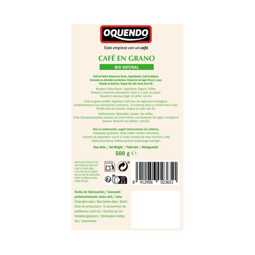 OQUENDO Natura Café (ecológico 100% Arábica) de tueste natural en grano, intensidad 6 500 g.