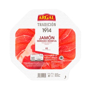 ARGAL Jamón serrano reserva (12 meses de curación), cortado en lonchas muy finas ARGAL Tradición 80 g.