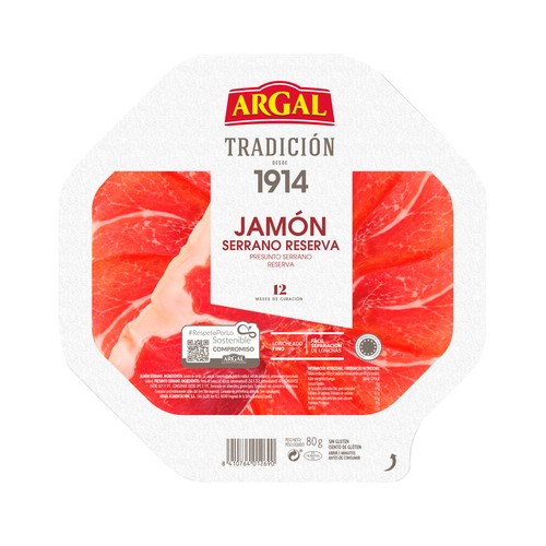 Jamón serrano reserva (12 meses de curación), cortado en lonchas muy finas ARGAL Tradición 80 g.