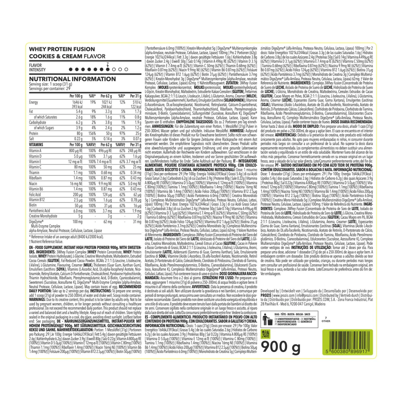 Proteína en polvo con sabor a galletas y crema 900 g.