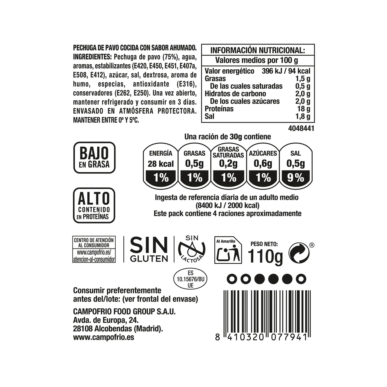 CAMPOFRÍO Pechuga de pavo braseada cortada en lonchas CAMPOFRÍO Finissimas 110 g.