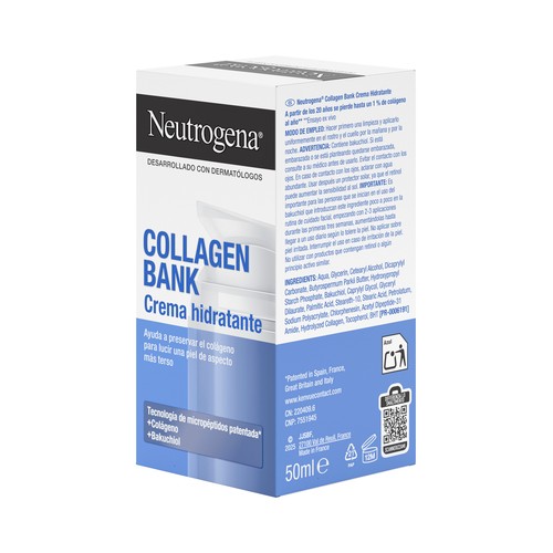 NEUTROGENA Collagen bank Crema hidratante facial de noche anti-edad con colágeno y Bakunchiol 50 ml.