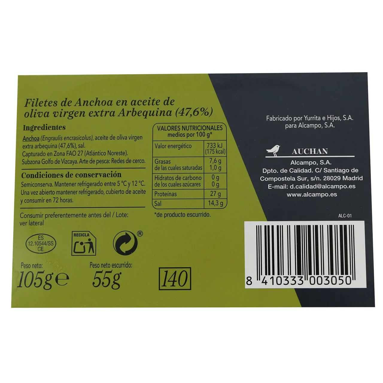 AUCHAN COLLECTION Anchoa del Cantábrico en aceite de oliva virgen extra con Certificado de Pesca Sostenible (MSC) lata 55 g Producto Alcampo Gourmet.