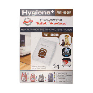 Pack de 4 bolsas de aspirador WONDERBAG ZR200720 Antiolores Higiene+.  Compatible con: Rowenta, Moulinex, Tefal
