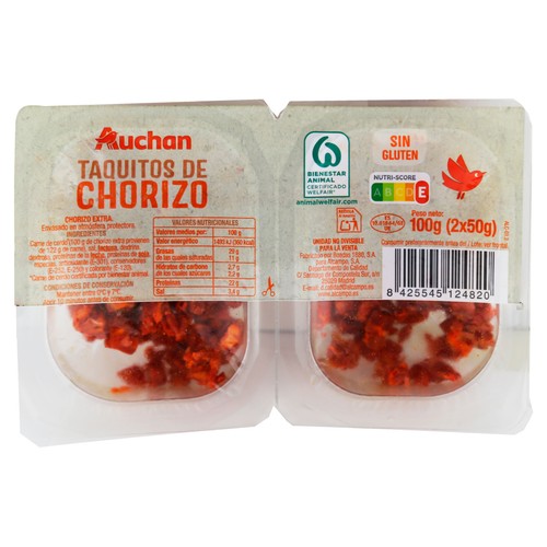 Chorizo cortado en taquitos, elaborado sin gluten PRODUCTO ALCAMPO 2 x 50 g.
