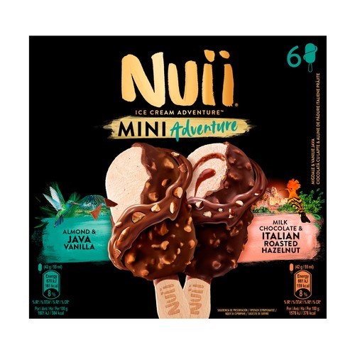 NUII Adventure Mini helados de vainilla de Java (3) y de avellana italiana (3), recubiertos de chocolate con leche 6 x 55 ml.
