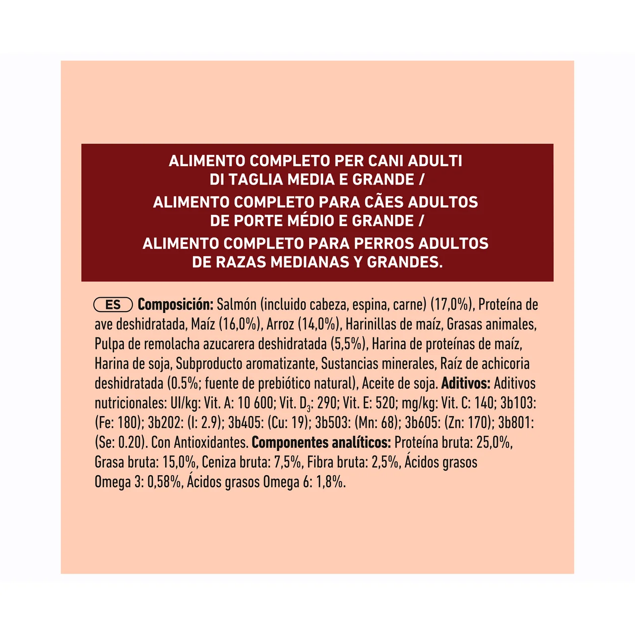 Alimentación de perro medium-maxi junior salmón y arroz 2,5 kg.