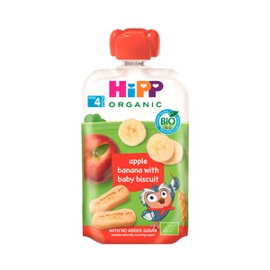 Hipp Organic Bolsita (pouch) de Fruta (manzana y Platáno) con Galleta Ecológicos, a Partir de 4 Meses 100 G.