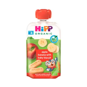 HIPP Organic Bolsita (pouch) de fruta (manzana y platáno) con galleta ecológicos, a partir de 4 meses 100 g.