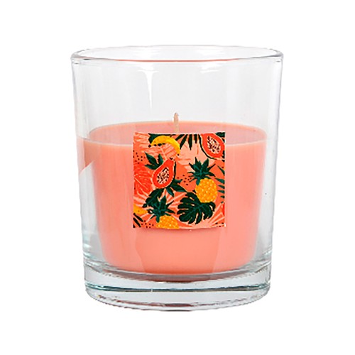 Vela grande en vaso de cristal, aroma de frutas tropicales, ALCAMPO.