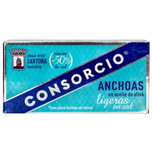 CONSORCIO Filetes de anchoa de Santoña en aceite de oliva, ligeras en sal CONSORCIO 26 g. peso neto escurrido
