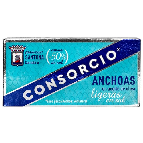 CONSORCIO Filetes de anchoa de Santoña en aceite de oliva, ligeras en sal CONSORCIO 26 g. peso neto escurrido