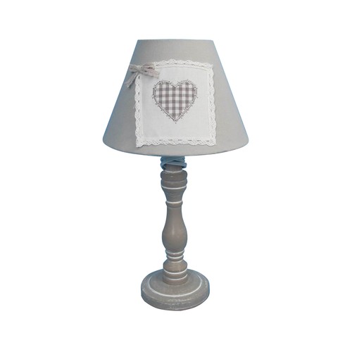 Lámpara con base de madera y pantalla de tela con decoración cuadrada, DECORACIÓN. 