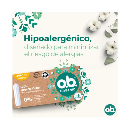 O.B. Tampones normal sin perfume, fabricados con algodón 100% orgánico O.B. Organic 16 uds.