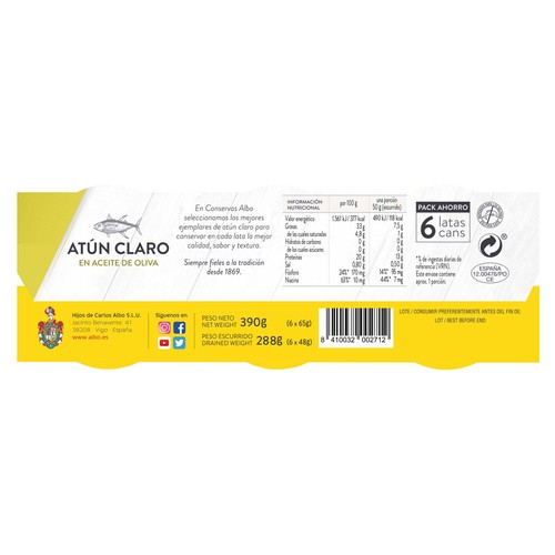 ALBO Atún claro en aceite de oliva lata de 48 g. pack de 6 uds.