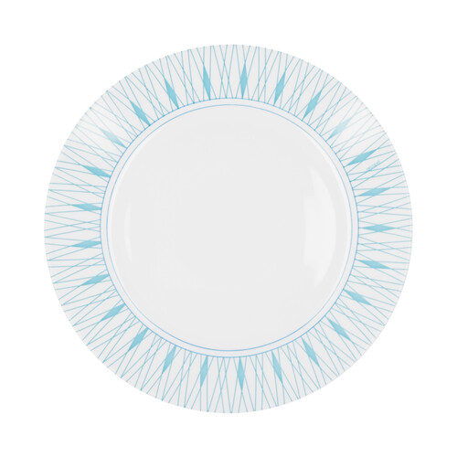 Plato llano redondo fabricado en vidrio templado blanco con ala decorada con líneas azules, 25cm. Abrar ARCOPAL.