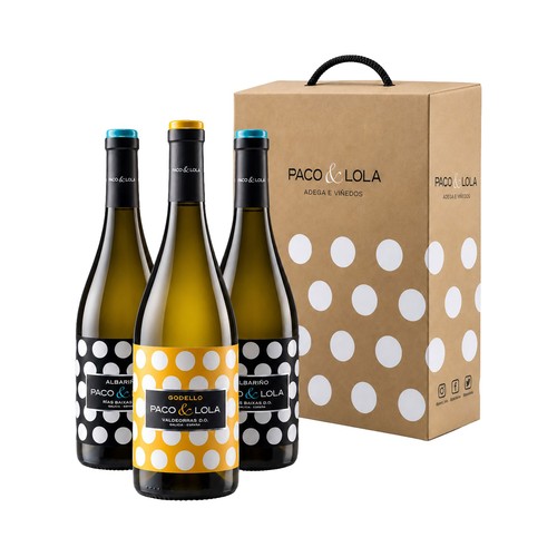 PACO & LOLA Estuche con 2 botellas vino blanco Albariño D.O. Rías Baixas y botella vino blanco Godello D.O. Valdeorras.