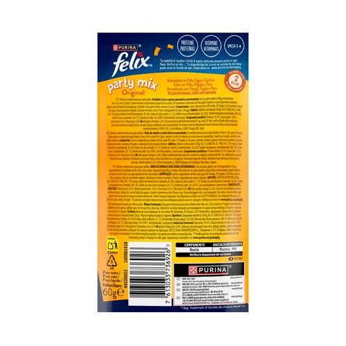 FELIX Snacks para gatos a base de pollo, hígado y pavo FELIX PARTY MIX 60 g.