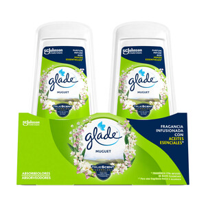 GLADE Muguet Ambientador absorbeolores con fragancia infusionada con aceites esenciales 2 x 150 g.
