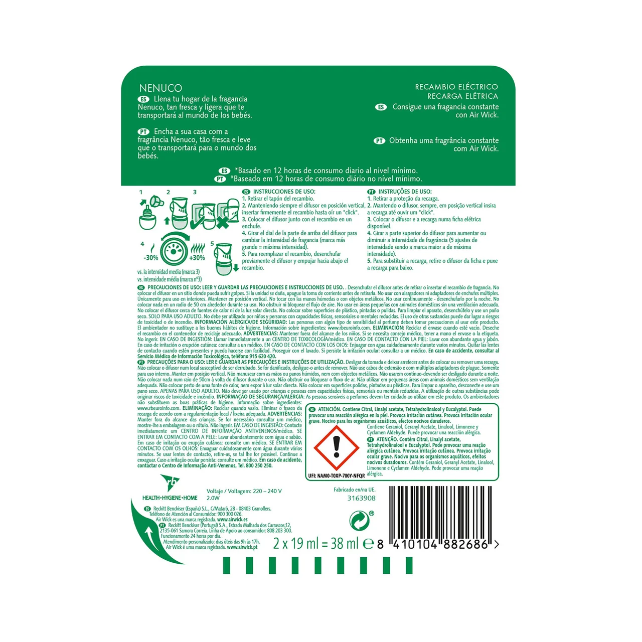 AIR WICK Recambio ambientador eléctrico Nenuco PURE 2 x 19 ml.