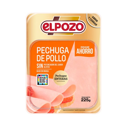 Fiambre de pechuga de pollo cocida, cortada en lonchas EL POZO 225 g.