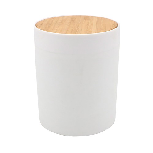 Papelera con tapa oscilante de bambú, color blanco, ACTUEL.