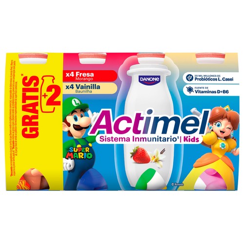 ACTIMEL de Danone Leche fermentada con Lcasei y sabor a fresa (4) y vainilla (4) 8 x 100 ml.