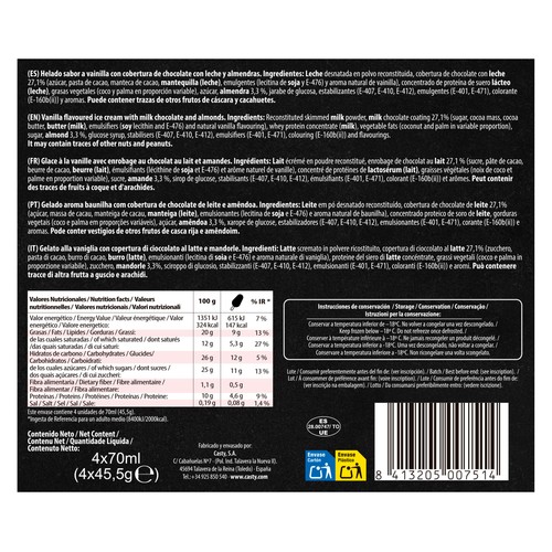CASTY + Proteína Helado vainilla con alto contenido en proteínas, chocolate con leche y almendra 4 x 70 ml.