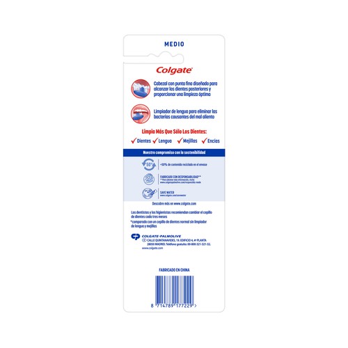 COLGATE Extra clean Cepillo de dientes medio, que ayuda a eliminar las bacterias bucales 4 uds.