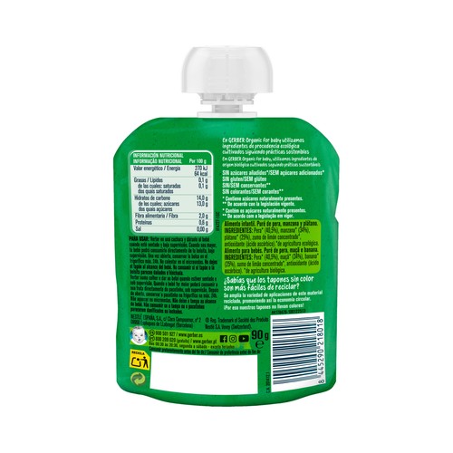 GERBER Bolsita de frutas (pera, manzana y plátano), a paritr de 4 meses GERBER Organic 90 g.