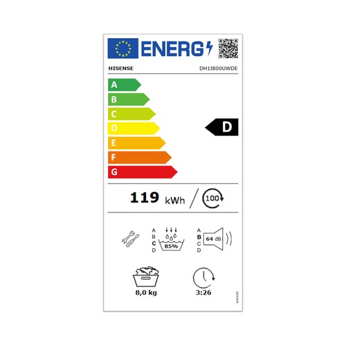 Secadora por condensación con bomba de calor HISENSE DH1I800UWDE BLANCA, capacidad de secado: 8KG, clasificación energética: D, H: 84,5cm, A: 59,5cm, F: 51cm
