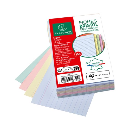 100 fichas rayadas, 75 x 125, colores surtidos, EXACOMPTA.