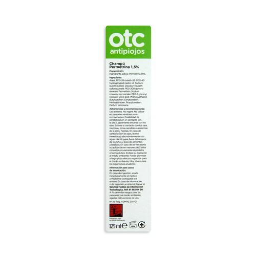 OTC Champú antipiojos permetrina, eficaz en 15 minutos ,OTC Antipiojos 125 ml.