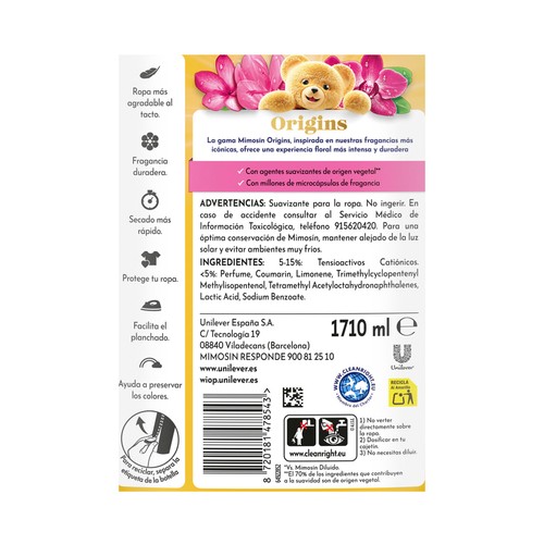 MIMOSIN Origins Suavizante concentrado con aroma a lirio cautivador 1710 ml, 95 lavados.
