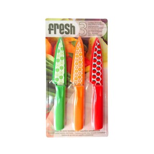 Imagen de 3 cuchillos peladores con hoja decorada de acero inoxidable y superficie antiadherente FRESH.