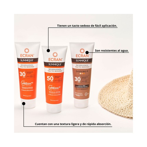 ECRAN Sunnique Protector solar textura gel crema tacto sedoso con FPS 50 (alto) 250 ml.