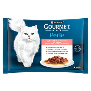PURINA GOURMET Perle Comida para gatos adultos láminas de buey y pollo 4 uds. 85 g.
