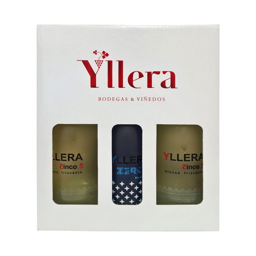 YLLERA Estuche con 2 botellas de vino blanco frizzante y botella de vino blanco 0.0%.