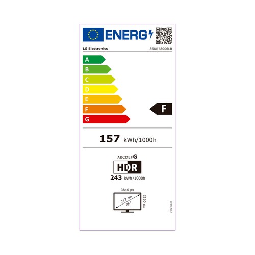 Televisión 218,4cm (86") LED LG 86UR78006 4K, HDR 10, SMART TV, WIFI, BLUETOOTH, TDT T2, USB reproductor y grabador, 3HDMI, 50HZ.