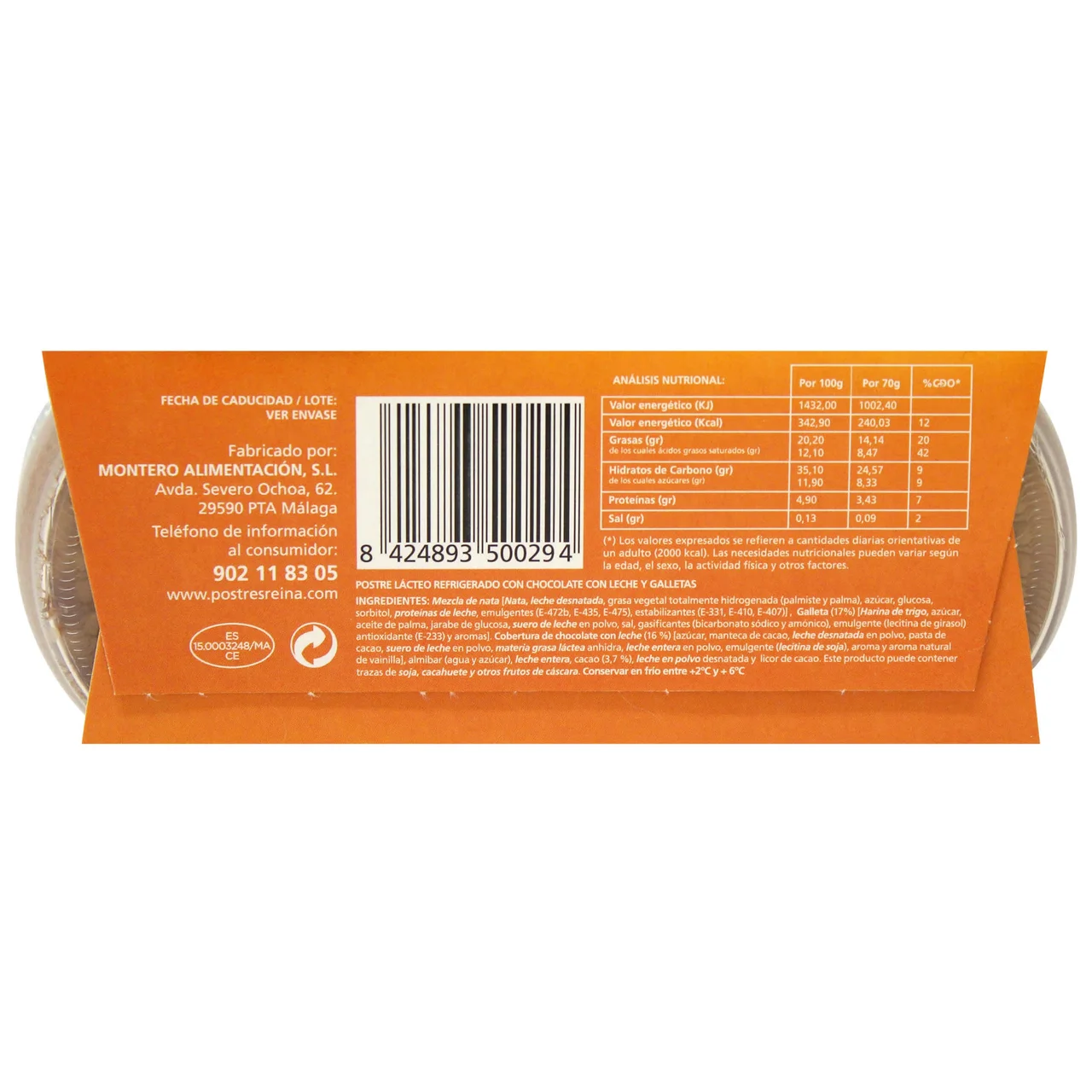 REINA Postre de tarta de chocolate con leche y galletas REINA 2 x 70 g.